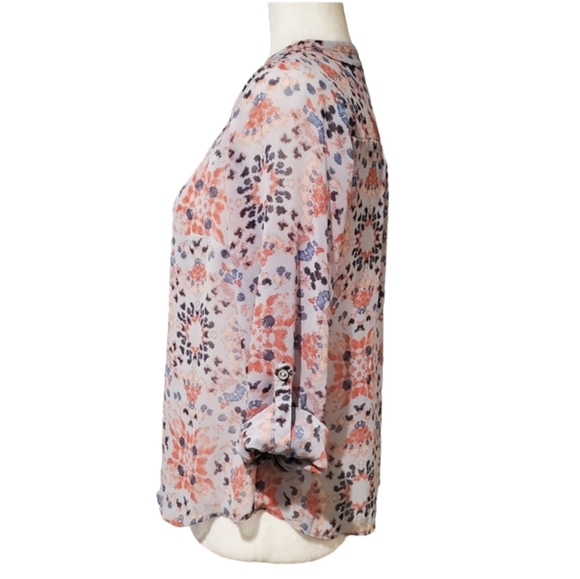 a.n.a Long Sleeve Blouse Womens PM Petite Floral Multicolor Roll Tab Sleeve Top - Picture 3 of 11